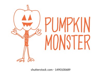 Doodle art for Halloween concept. A pumpkin monster with texts.