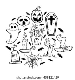 Doodle art halloween icons with castle, coffin, candle, pumpkin, bat and witch hat