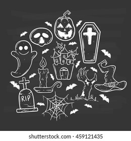 Doodle art halloween icons with castle, coffin, candle, pumpkin, bat and witch hat on chalkboard background