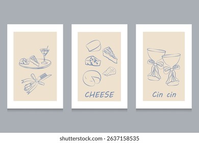 Doodle art. Hand drawn ink line food and wine or champagne drawings. Sketch style lunch or dinner Illustrations for wedding invitations, cafe or restaurant menus and parties.