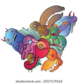 Doodle Art. Hand-drawn little funny monsters. Colorful design vector 