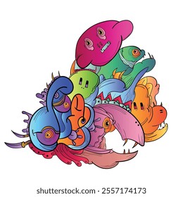 Doodle Art. Hand-drawn little funny monsters. Colorful design vector 