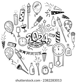 doodle art of happy new year design with celebration icons in circle shape for new year template