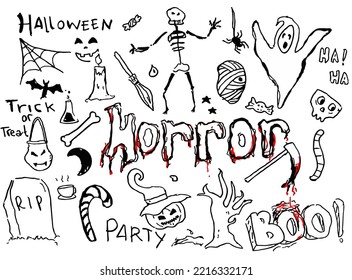 doodle art horror halloween hand drawn vector simple objects and symbols. Sketch of ghost, pumpkin, bone, poison, skull, spell book, cat, candle, bat, grave on white background