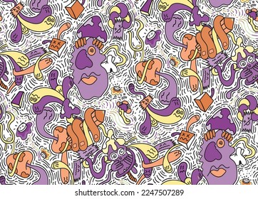 Doodle art hypnotic tribal cartoon herbal mushroom hand drawn ghost fungi illustration seamless pattern designed for hoodie, menswear, teenswear suitable for printing on surface decorative wallpaper
