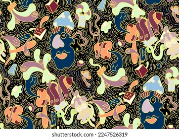 Doodle art hypnotic tribal cartoon herbal mushroom hand drawn ghost fungi illustration seamless pattern designed for hoodie, menswear, teenswear suitable for printing on surface decorative wallpaper