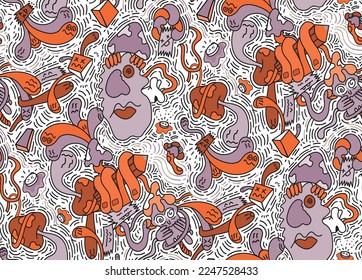 Doodle art hypnotic tribal cartoon herbal mushroom hand drawn ghost fungi illustration seamless pattern designed for hoodie, menswear, teenswear suitable for printing on surface decorative wallpaper