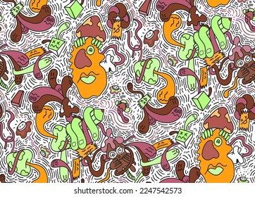 Doodle art hypnotic tribal cartoon herbal mushroom hand drawn ghost fungi illustration seamless pattern designed for hoodie, menswear, teenswear suitable for printing on surface decorative wallpaper