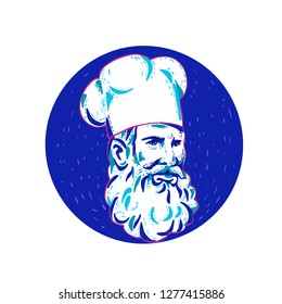 Doodle art illustration of an angry bearded chef, cook or baker looking to side set inside circle done in retro style.