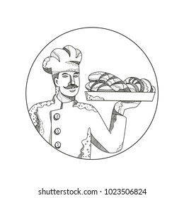 Doodle art illustration of a baker or pastry chef holding a plate of bread set inside circle done in mandala style.