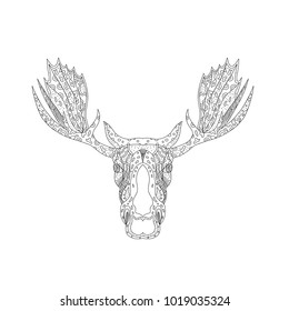 Doodle art illustration of a bull moose or elk head with viewed from front on isolated background done in mandala style on isolated background.