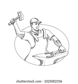 Doodle art illustration of a farrier wielding a hammer striking, forging a horseshoe on anvil done in mandala style.