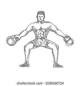 Doodle art illustration of a fitness athlete, strongman or personal trainer lifting two kettlebells viewed from front in black and white done in mandala style.