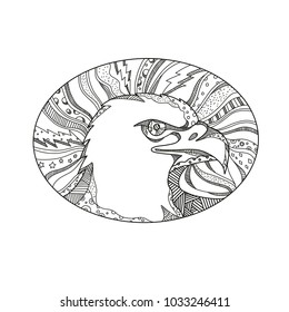 Doodle art illustration of head of bald eagle or sea eagle, bird of prey found in North America side view set inside oval in black and white done in mandala style.
