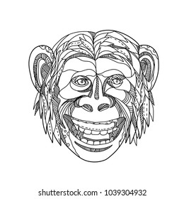 Doodle art illustration of head of a humanzee, apeman caveman or Neanderthal, a chimpanzee/human hybrid or an early human with traits of apes and humans, smiling done in black and white mandala style.