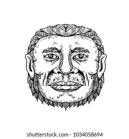 Doodle art illustration of head of male Neanderthal ,Neandertal or Homo neanderthalensis, an archaic human that became extinct front view in black and white done in mandala style.