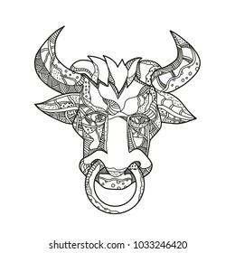 Doodle art illustration of head of Pinzgauer bull or cow, a breeed of  domestic cattle from Pinzgau region, Austria front view in black and white done in mandala style.