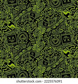 Doodle Art Illustration, hypnotic, magical, cartoon Vector seamless pattern suitable for print on surface and desiged for bag, textile ,decoration, fashion, hoodie, wrapping paper , wallpaper, fun 
