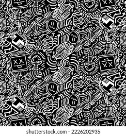 Doodle Art Illustration, hypnotic, magical, cartoon Vector seamless pattern suitable for print on surface and desiged for bag, textile ,decoration, fashion, hoodie, wrapping paper , wallpaper, fun 