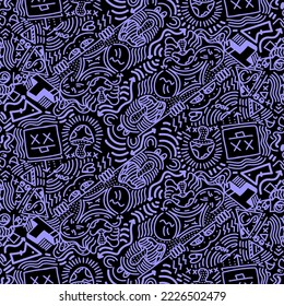 Doodle Art Illustration, hypnotic, magical, cartoon Vector seamless pattern suitable for print on surface and desiged for bag, textile ,decoration, fashion, hoodie, wrapping paper , wallpaper, fun 