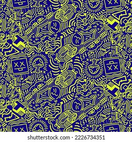 Doodle Art Illustration, hypnotic, magical, cartoon Vector seamless pattern suitable for print on surface and desiged for bag, textile ,decoration, fashion, hoodie, wrapping paper , wallpaper, fun 