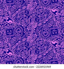 Doodle Art Illustration, hypnotic, magical, cartoon Vector seamless pattern suitable for print on surface and desiged for bag, textile ,decoration, fashion, hoodie, wrapping paper , wallpaper, fun 