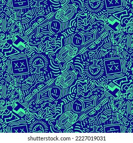 Doodle Art Illustration, hypnotic, magical, cartoon Vector seamless pattern suitable for print on surface and desiged for bag, textile ,decoration, fashion, hoodie, wrapping paper , wallpaper, fun 