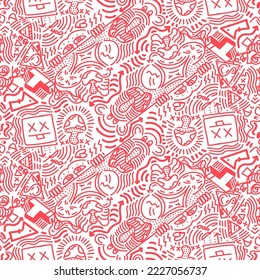 Doodle Art Illustration, hypnotic, magical, cartoon Vector seamless pattern suitable for print on surface and desiged for bag, textile ,decoration, fashion, hoodie, wrapping paper , wallpaper, fun 