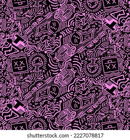 Doodle Art Illustration, hypnotic, magical, cartoon Vector seamless pattern suitable for print on surface and desiged for bag, textile ,decoration, fashion, hoodie, wrapping paper , wallpaper, fun 