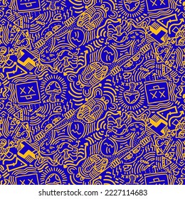 Doodle Art Illustration, hypnotic, magical, cartoon Vector seamless pattern suitable for print on surface and desiged for bag, textile ,decoration, fashion, hoodie, wrapping paper , wallpaper, fun 