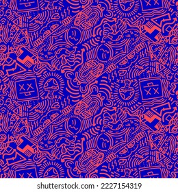 Doodle Art Illustration, hypnotic, magical, cartoon Vector seamless pattern suitable for print on surface and desiged for bag, textile ,decoration, fashion, hoodie, wrapping paper , wallpaper, fun 