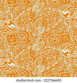 Doodle Art Illustration, hypnotic, magical, cartoon Vector seamless pattern suitable for print on surface and desiged for bag, textile ,decoration, fashion, hoodie, wrapping paper , wallpaper, fun 