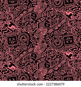 Doodle Art Illustration, hypnotic, magical, cartoon Vector seamless pattern suitable for print on surface and desiged for bag, textile ,decoration, fashion, hoodie, wrapping paper , wallpaper, fun 
