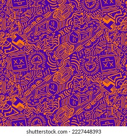 Doodle Art Illustration, hypnotic, magical, cartoon Vector seamless pattern suitable for print on surface and desiged for bag, textile ,decoration, fashion, hoodie, wrapping paper , wallpaper, fun 
