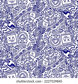 Doodle Art Illustration, hypnotic, magical, cartoon Vector seamless pattern suitable for print on surface and desiged for bag, textile ,decoration, fashion, hoodie, wrapping paper , wallpaper, fun 