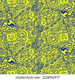 Doodle Art Illustration, hypnotic, magical, cartoon Vector seamless pattern suitable for print on surface and desiged for bag, textile ,decoration, fashion, hoodie, wrapping paper , wallpaper, fun 