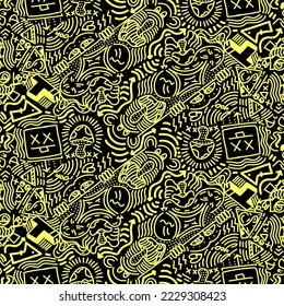 Doodle Art Illustration, hypnotic, magical, cartoon Vector seamless pattern suitable for print on surface and desiged for bag, textile ,decoration, fashion, hoodie, wrapping paper , wallpaper, fun 