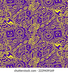 Doodle Art Illustration, hypnotic, magical, cartoon Vector seamless pattern suitable for print on surface and desiged for bag, textile ,decoration, fashion, hoodie, wrapping paper , wallpaper, fun 
