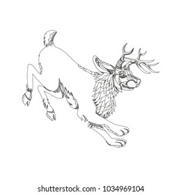 Doodle art illustration of a jackalope, a mythical animal of North American folklore described as a jackrabbit with antelope horns done in black and white mandala style.