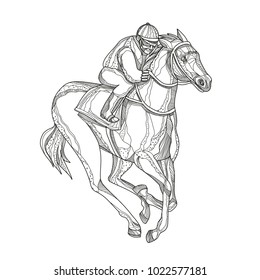 Doodle art illustration of a jockey or equestrian riding horse racing viewed from side on isolated background done in mandala style.