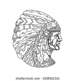 Doodle art illustration of a Native American, American Indian, Indian or Indigenous American, the indigenous people of United States, wearing war bonnet or headdress in black and white mandala style.