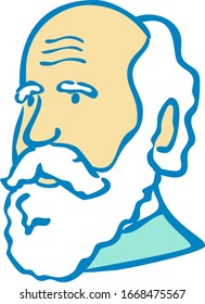 Doodle art illustration of a nerdy scientist or Charles Darwin with white beard done in cartoon style on isolated white background.