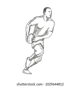 Doodle art illustration of a rugby player passing while running with ball in black and white done in mandala style.