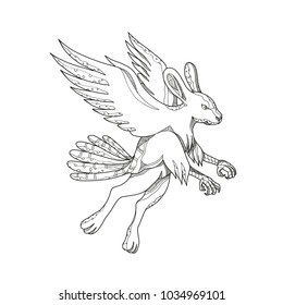 Doodle art illustration of skvader, a Swedish fictional creature with hindlegs of a European hare, and the back, wings and tail of a female wood grouse done in black and white mandala style.