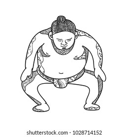 Doodle art illustration of a sumo wrestler or rikishi stompiing viewed from front done in mandala style.