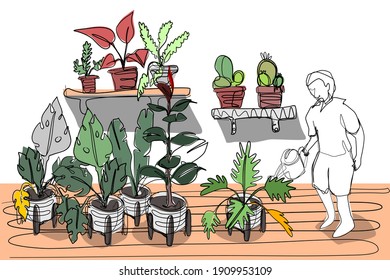 garabato de decoración de macetas y un hombre riego.  La situación de Covid19 obligó a un hombre a quedarse a trabajar en casa. Él se interesaba por la planta y la jardinería en su pequeño apartamento.