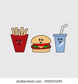 Doodle art of junk food, vector illustration of burger, fries and soda