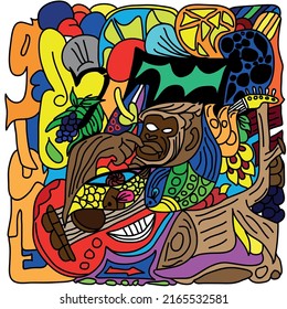 doodle art kong giant abstract guitar of many colors