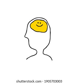 Doodle art line smiling brain in a guy. Well being and happy life