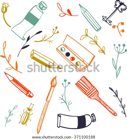 doodle art materials set,  tubes of paint, brushes and pencils, hand drawn vector illustration